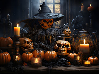 Halloween background skulls and pumpkins