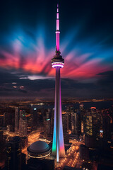 Obraz premium Mesmerizing Night View of CN Tower Illuminated by a Vibrant Light Show