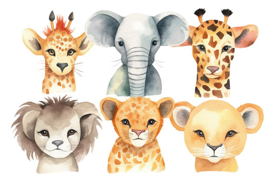 cartoon drawing card drawing cheetah watercolor face isolated animal cat kids african portraits background cute giraffe zebra elephant white style poster wild jungle baby