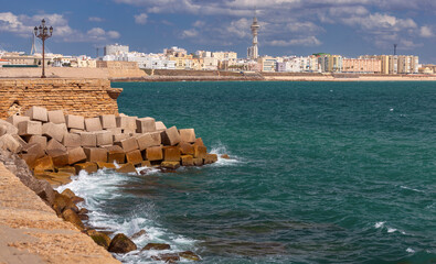View of Cadiz on a sunny day against the backdrop of the blue sea. - 758345231