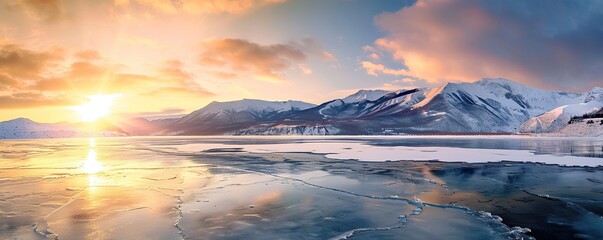 View of a frozen lake with mountains in the background in winter