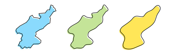 North Korea country black outline and colored country silhouettes in three different levels of smoothness. Simplified maps. Vector icons isolated on white background.