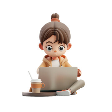 girl with laptop and coffee 3d render cartoon illustration  isolated on transparent background, created using generative AI tools