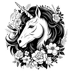 a black and white drawing of a unicorn with flowers