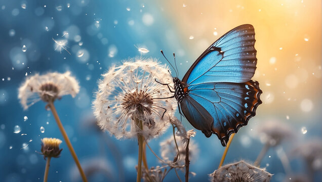 Fototapeta A blue butterfly on a dandelion.