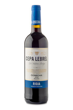 Italy - March 11, 2024: Bottle of Cepa Lebrel Rioja cosecha 2022 red wine  isolated on white with clipping path. Produced in the Rioja region of northern Spain.