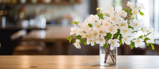 A vase filled with white flowers is displayed on a wooden table by the window, creating a beautiful...
