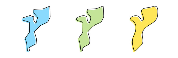 Mozambique country black outline and colored country silhouettes in three different levels of smoothness. Simplified maps. Vector icons isolated on white background.