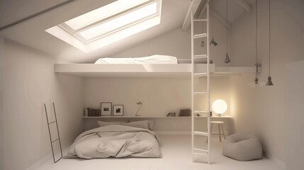 Mezzanine Loft Bedroom with Cozy Reading Nook and Neutral Decor - obrazy, fototapety, plakaty