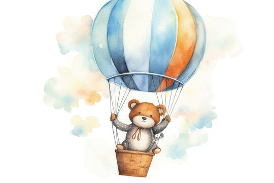 illustration watercolor kid hand cards balloon little prints cartoon character background white air isolated cute background painted hot bear posters design