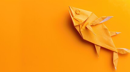 A neatly folded origami fish in orange color against a yellow background