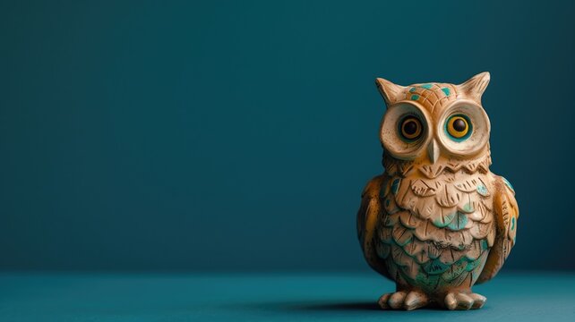 A vibrantly painted ceramic owl figurine standing against a soft blue background