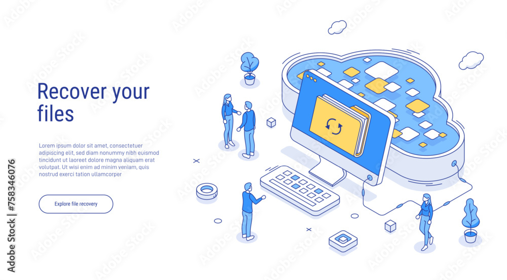 Poster recover your files using a backup on secure cloud storage. restore important data. isometric cloud t