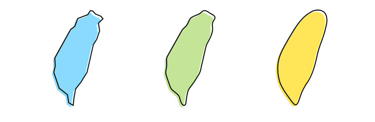 Taiwan country black outline and colored country silhouettes in three different levels of smoothness. Simplified maps. Vector icons isolated on white background.