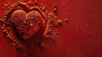 Heart-shaped cocoa powder on red with chocolate nibs