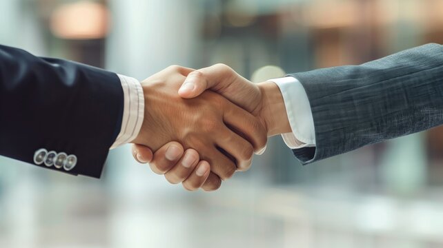 Two professionals engaging in a firm handshake