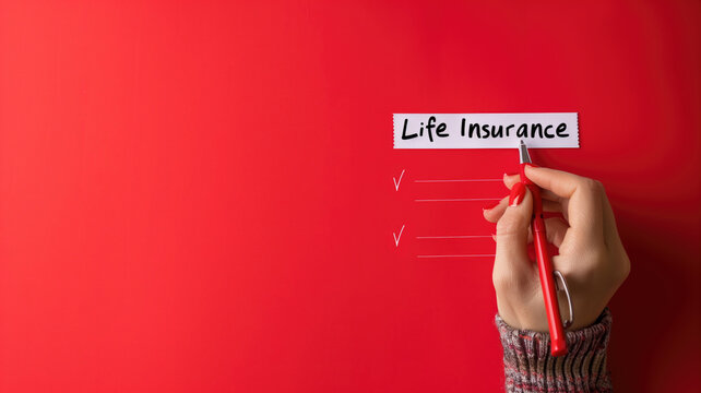 Hand ticking off 'Life Insurance' checklist on a bright red background