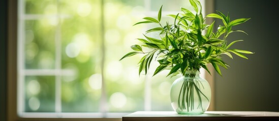 A houseplant in a flowerpot is sitting in a vase filled with water on a window sill, next to a table