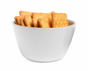 Tasty crackers in bowl isolated on white