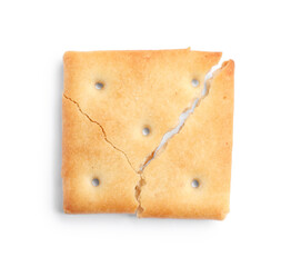 Crispy broken cracker isolated on white, top view