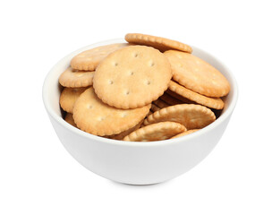 Tasty crackers in bowl isolated on white
