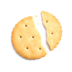 Crispy broken cracker isolated on white, top view
