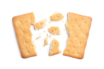 Crispy broken cracker isolated on white, top view