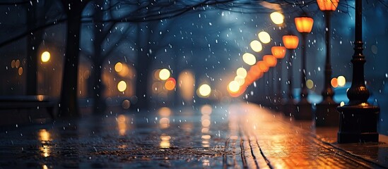 A row of electric blue street lights casts reflections on the wet sidewalk, creating a mesmerizing...