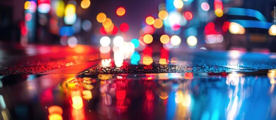 Closeup reflection of a city street illuminated by lights after rain at night. - obrazy, fototapety, plakaty