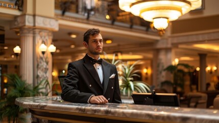 A dapper male concierge stands ready at a lavish hotel, exuding a sense of authority and readiness to assist guests