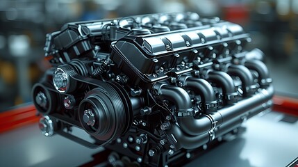 Automotive model engine displayed on table for Engineering presentation
