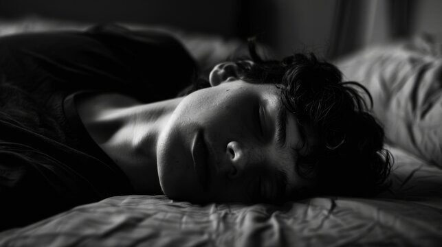 A monochrome image highlighting a young man in deep sleep, emanating a sense of peace and solitude in a modern context