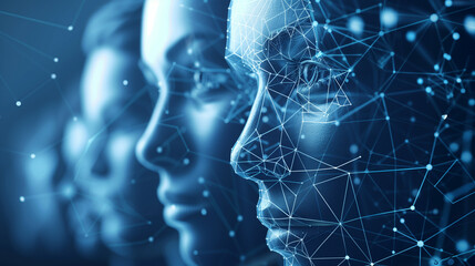 Group of female faces undergo digital biometric facial recognition system. Deepfake. Scanning. Halogram.  - obrazy, fototapety, plakaty