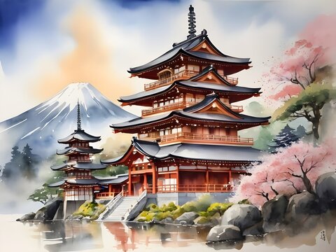 A beautiful watercolor painting of a Japanese temple.