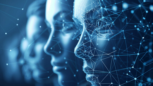 Group of female faces undergo digital biometric facial recognition system. Deepfake. Scanning. Halogram. 