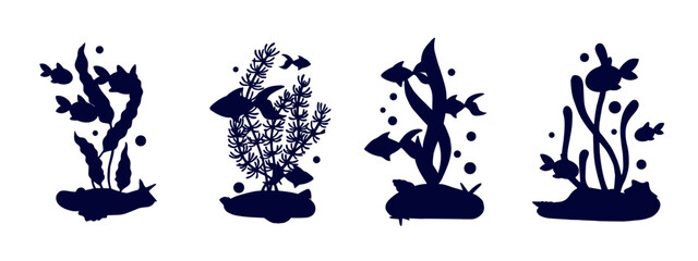 Set of silhouettes with schools of fish in seaweed.Vector graphics. - obrazy, fototapety, plakaty