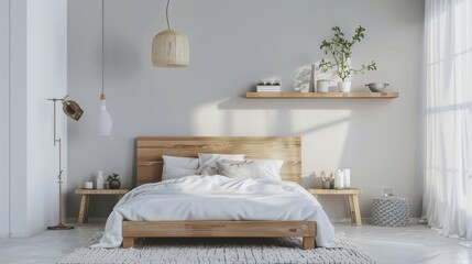 Fototapeta na wymiar Modern Minimalist Bedroom Setting with Wooden Platform Bed Picture