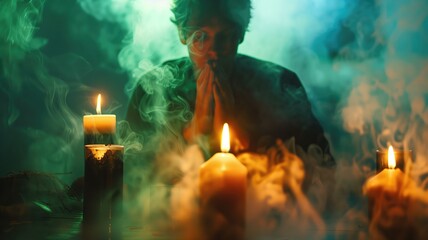 Enigmatic figure surrounded by candles and smoke in a mystical atmosphere