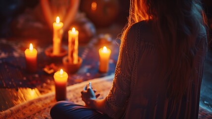 Fototapeta premium A tranquil setting with a person meditating among glowing candles, evoking calm