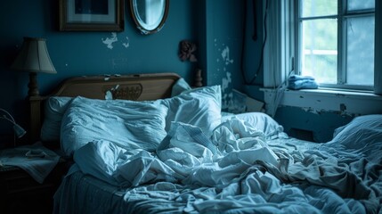 A dimly lit, atmospheric bedroom scene with an unmade bed, scattered pillows, and a vintage feeling throughout the decor
