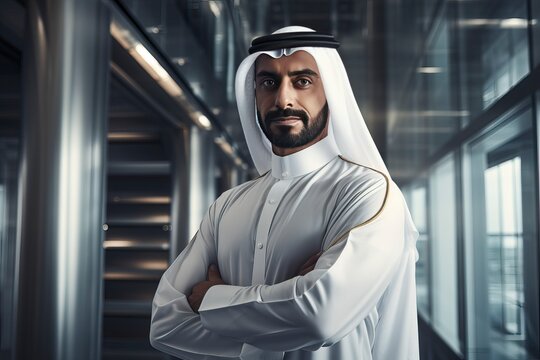 Arab businessman standing in a modern hallway with his arms crossed, Copy Space - generative ai