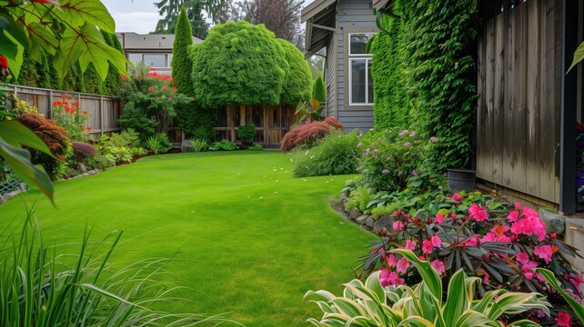 A lush, well-maintained garden with vibrant plants and a manicured lawn