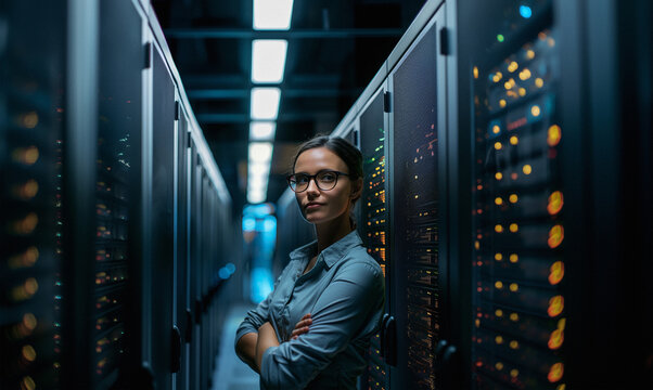 A woman standing in a server room with arms crossed