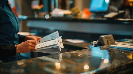 A hotel receptionist attentively reviews documents, capturing the professionalism and diligence of the hospitality industry - obrazy, fototapety, plakaty