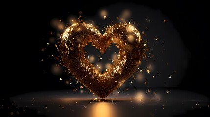 Luxurious golden heart made of gold glitter and particles on dark background