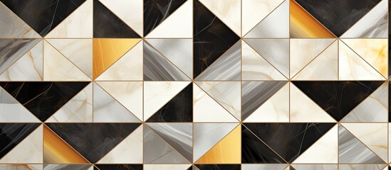 A closeup photograph captures a geometric pattern of black, white, and gold triangles on the wall. The flooring features a symmetrical design with sharp lines and a mix of tints and shades