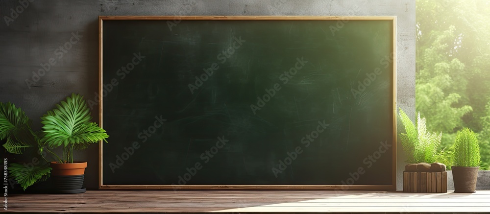 Poster a rectangle blackboard made of composite material is displayed on a hardwood table next to potted pl