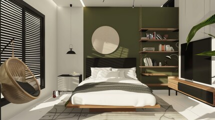 Minimalist Black, White & Olive Green Bedroom Interior.