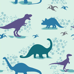Colorful cute dinosaurs. Seamless pattern with silhouettes of dinos and texture on the background. Vector template for fabric, textile and wrapping paper