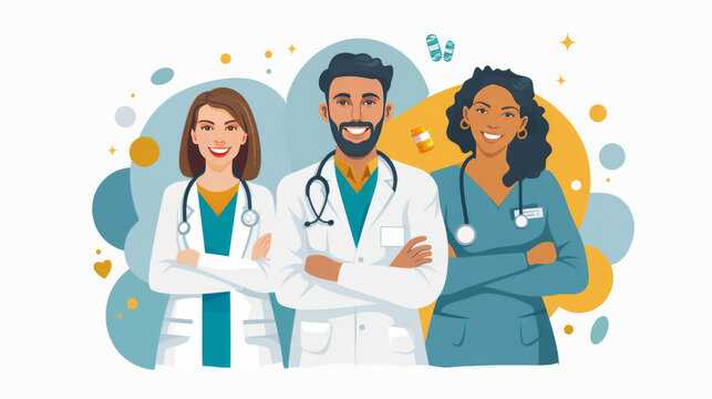 Illustration of a multiethnic group of smiling healthcare professionals with medical icons.